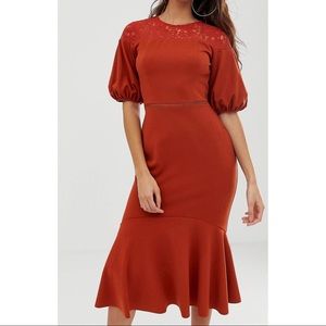 ASOS DESIGN Lace mix midi pencil dress w/pep hem. True to size; stretch fabric.